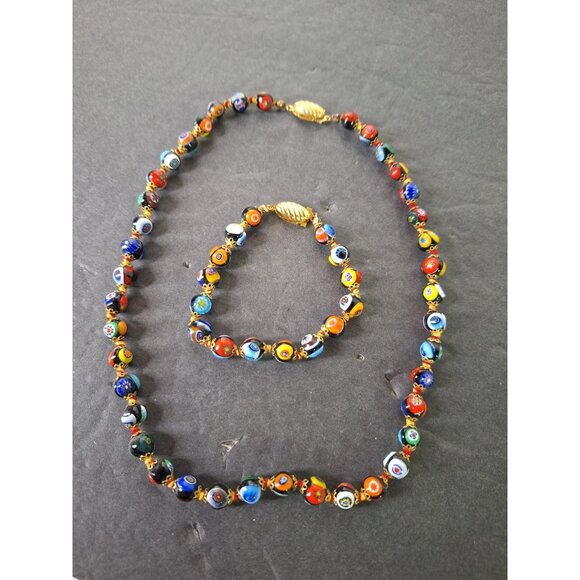 Murano Jewelry - Vintage Original Murano Millefiori Art Glass Bead Necklace & Bracelet